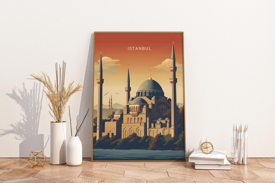 Istanbul Turkey Blue Mosque Sunset Illustration Travel Poster