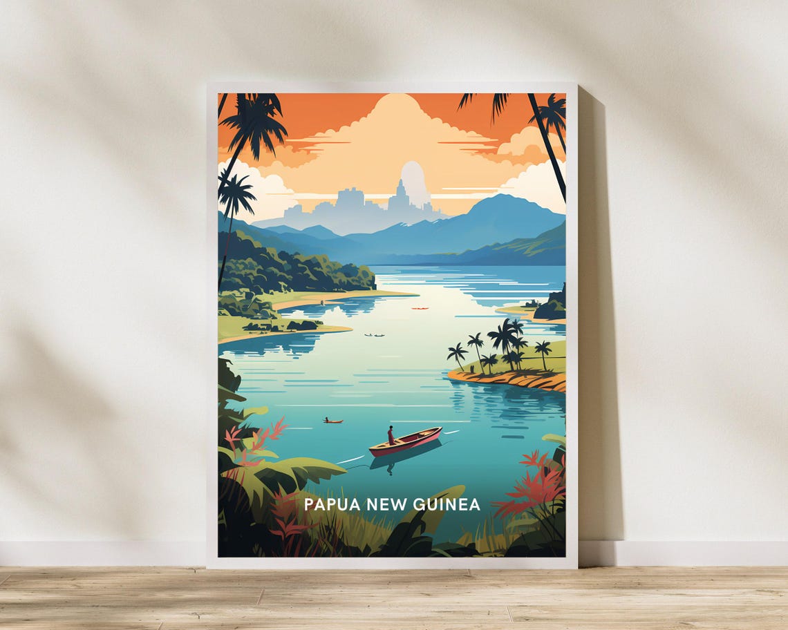 Papua New Guinea River Canoe Tropical Landscape Travel Poster