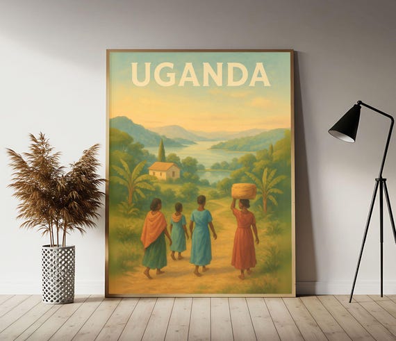 Uganda Lake Sunset Travel Poster African Lakes Wall Art Print Vintage Decor