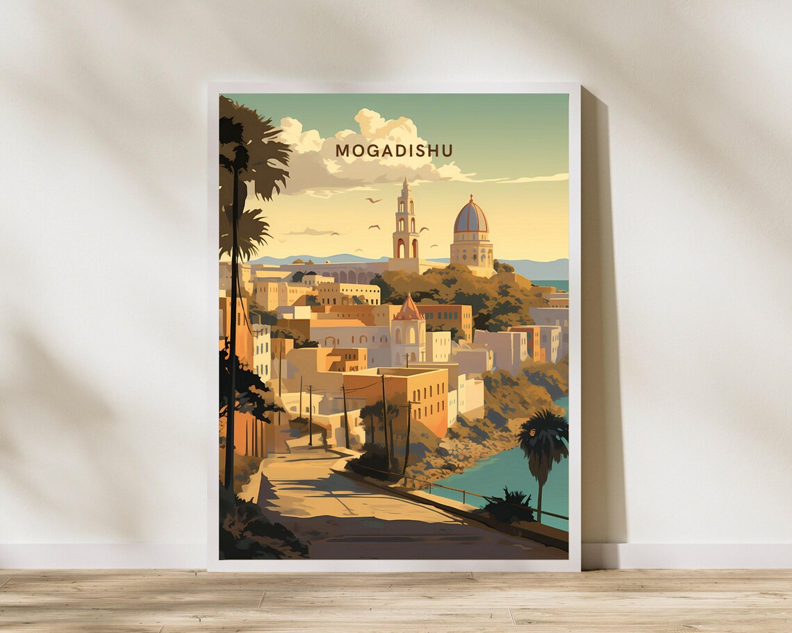 Mogadishu Somalia Vintage Style Coastal Cityscape Travel Poster