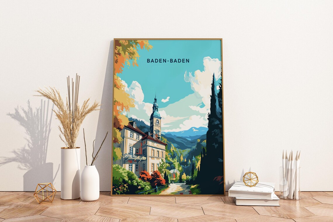 Baden-Baden Germany Spa Town Church Tower Autumn Valley Travel Poster