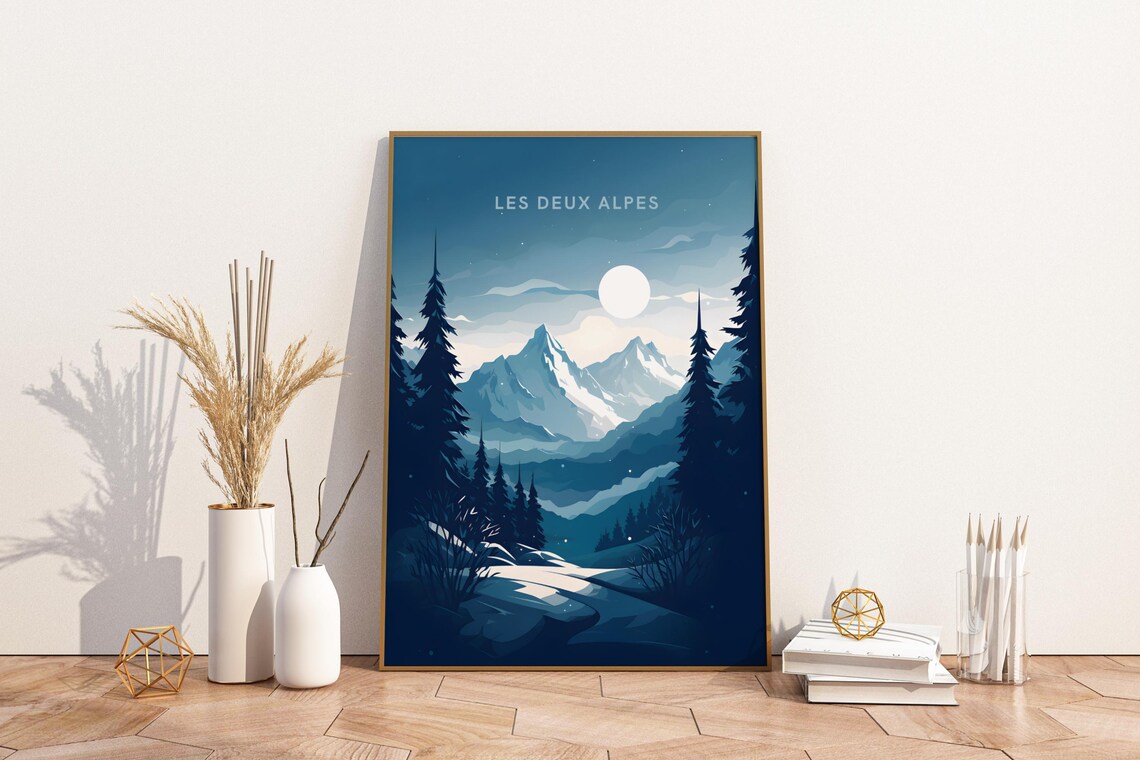 Les Deux Alpes France Moonlit Snow Peaks Night Ski Travel Poster
