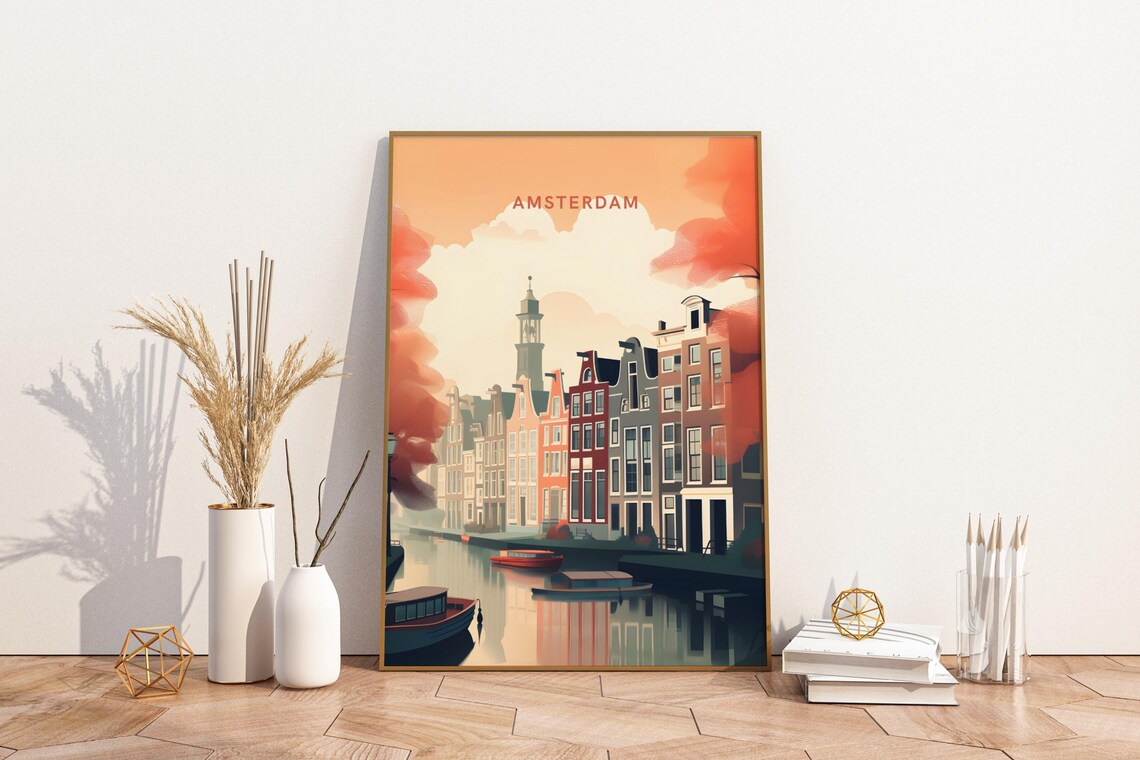 Amsterdam Canal Houses Sunset Poster Gabled Buildings Canal View