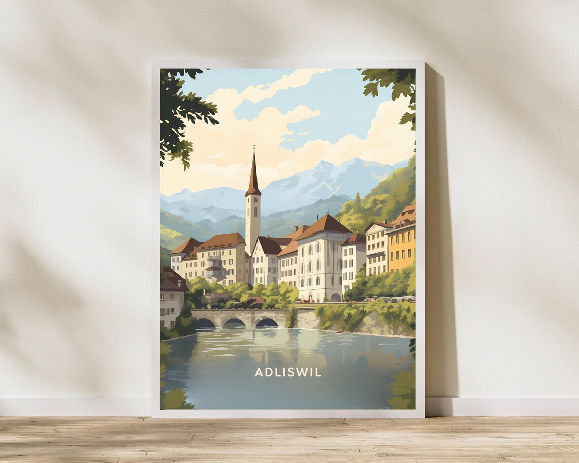 Adliswil Switzerland River Bridge Vintage Alpine Travel Poster