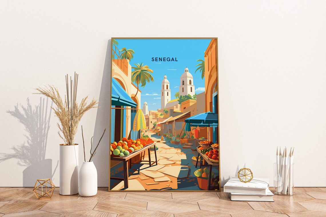 Senegal Bustling Market Street With Twin Towers Africa Travel Poster