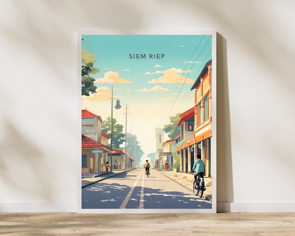 Siem Reap Cambodia Colonial Old Town Street Vintage Travel Poster