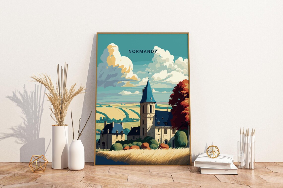 Normandy France Church Vintage Travel Landscape Style Wall Poster