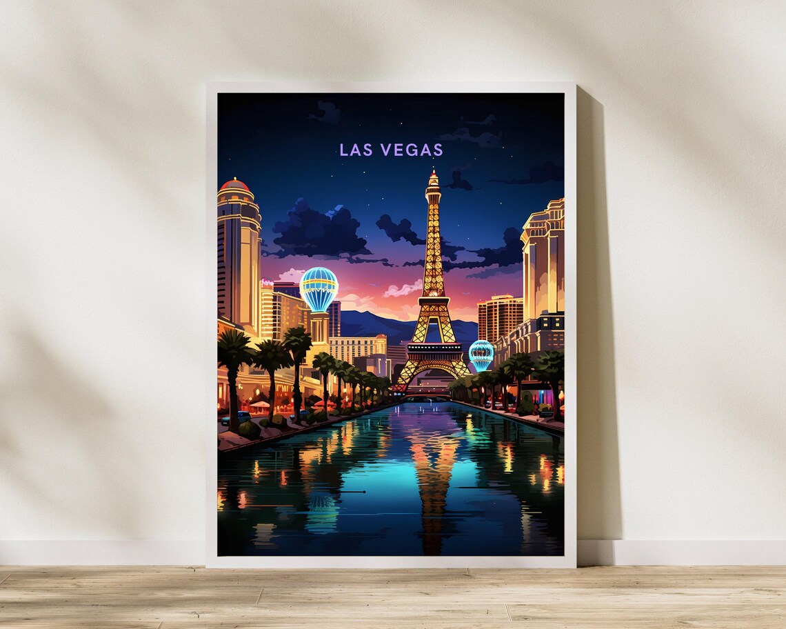 Las Vegas Strip Night Eiffel Tower Neon Reflections Travel Poster