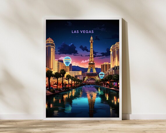 Las Vegas Strip Night Eiffel Tower Neon Reflections Travel Poster