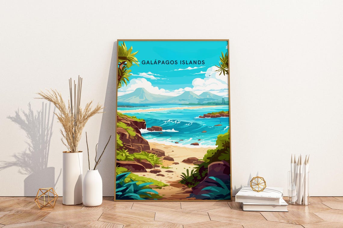 Galapagos Islands Ecuador Beach Waves Volcanic Hills Travel Poster