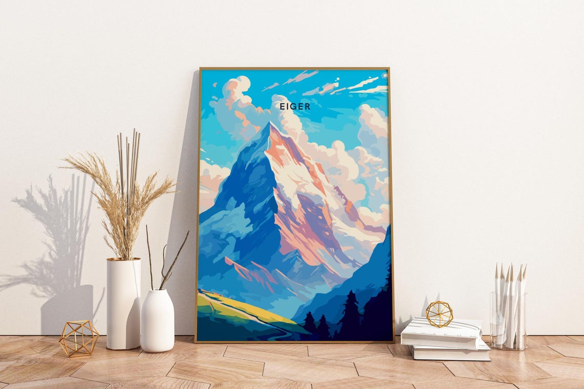 Eiger Switzerland Alps Dramatic Mountain Peak Blue Sky Travel Poster