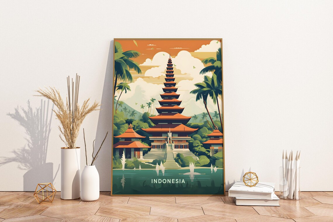 Indonesia Bali Tiered Temple Meru Tower Palms Tropical Travel Poster
