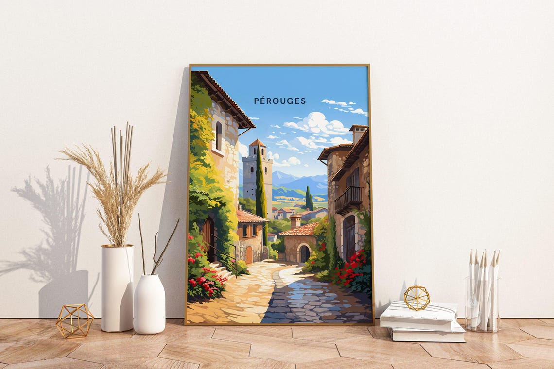 Perouges France Medieval Village Cobblestone Street Travel Poster