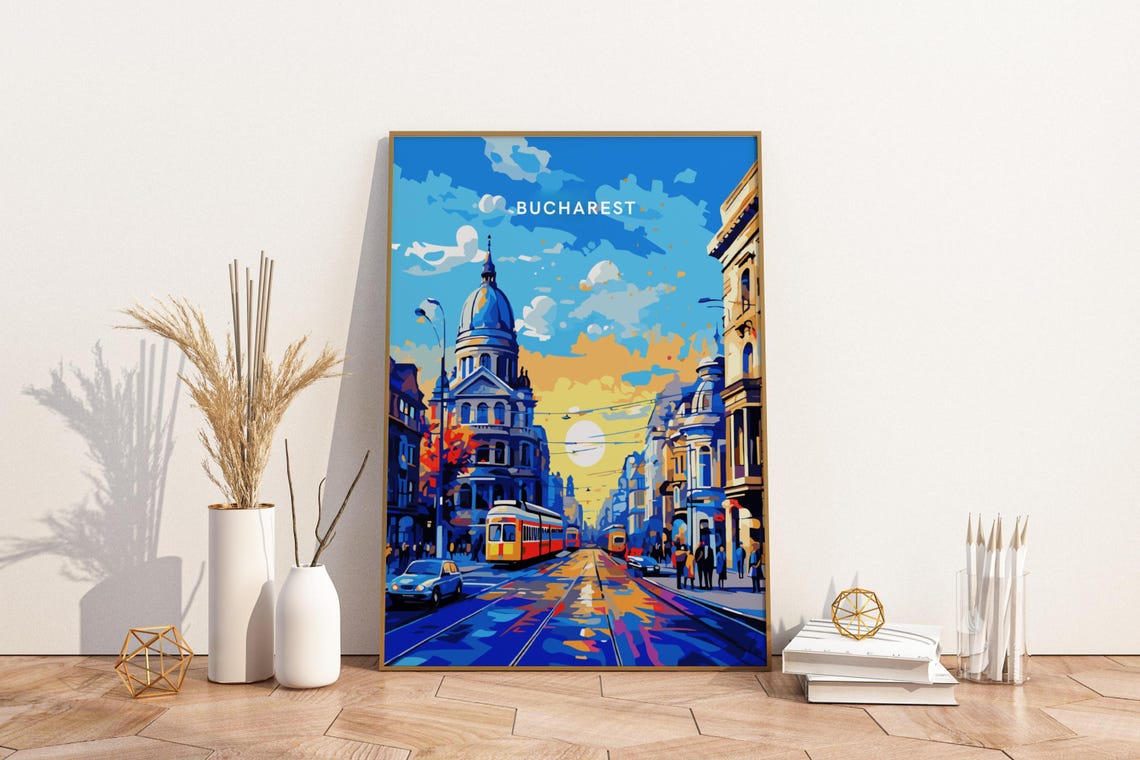 Bucharest Romania Vintage Travel Poster With Historic Tram Street
