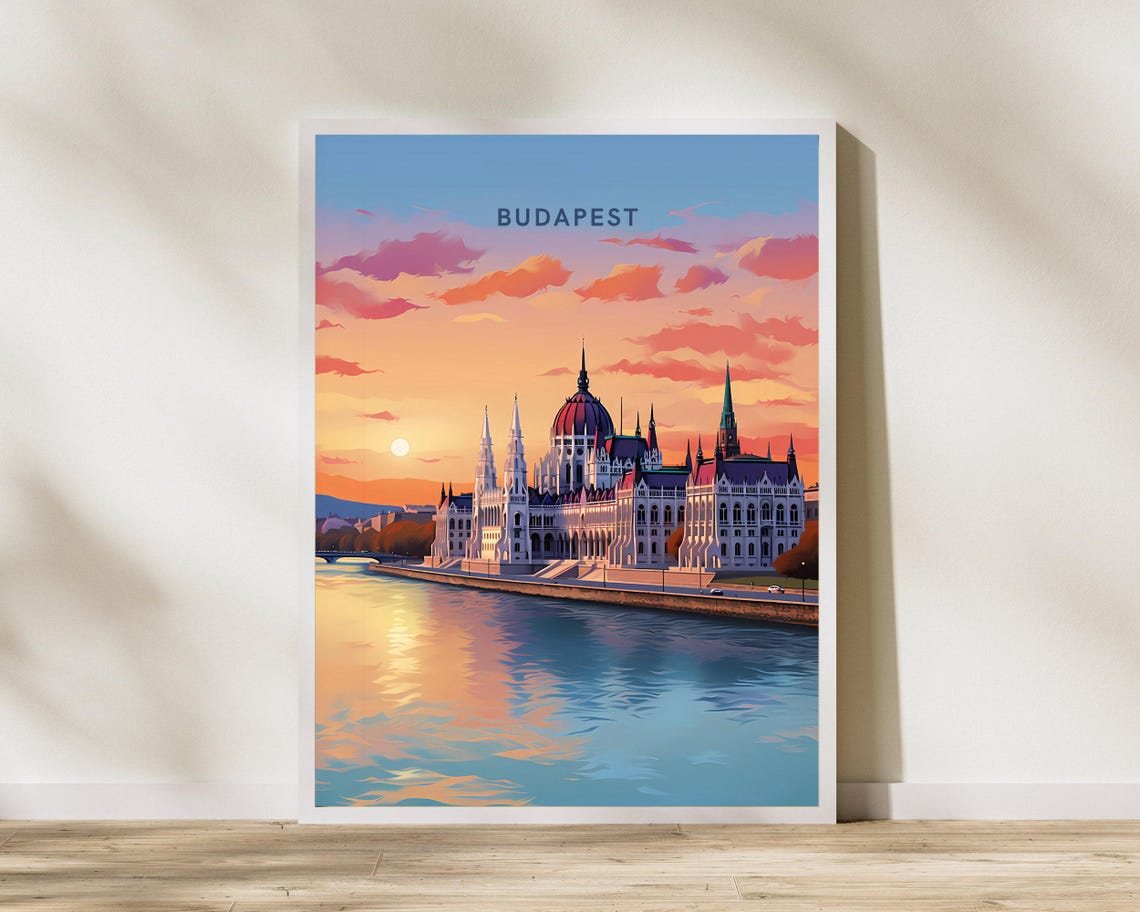 Budapest Hungary Parliament Danube River Sunset Travel Poster