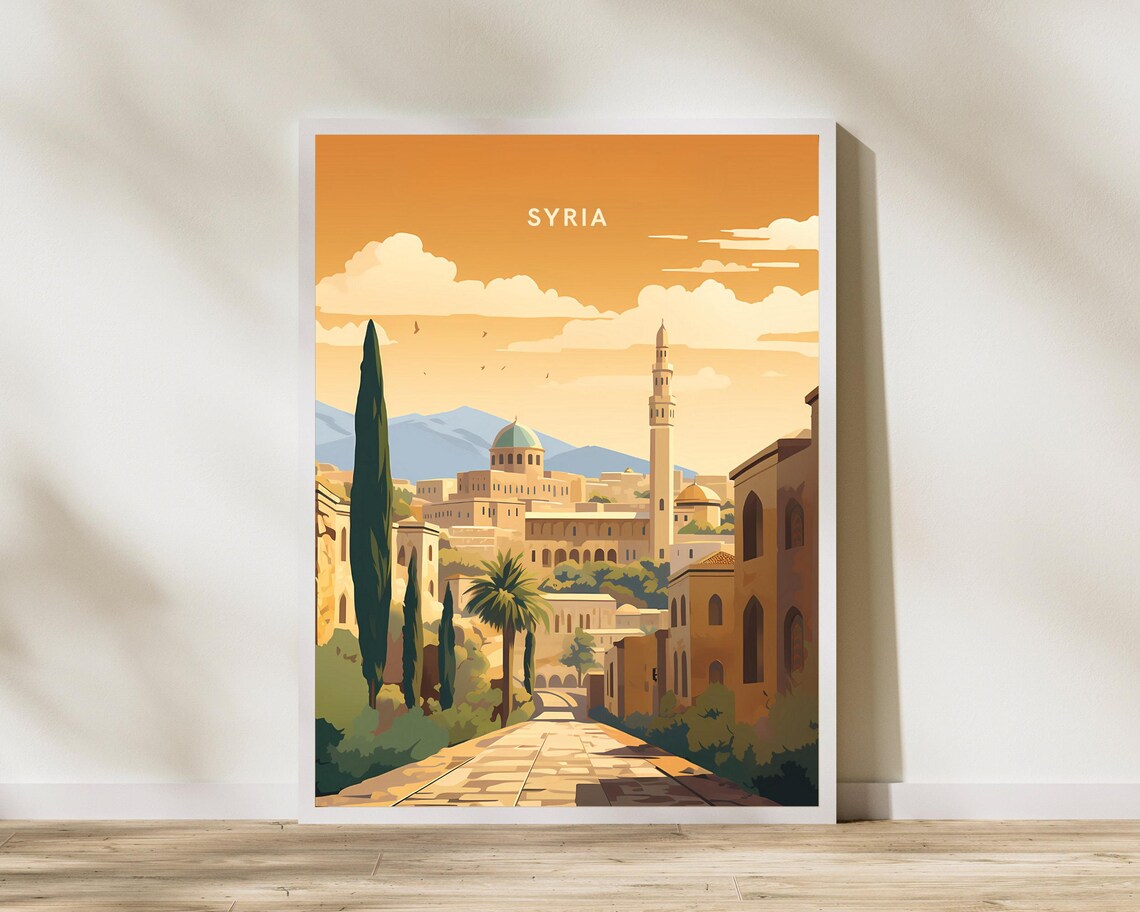 Historic Syria Old Town City Golden Sunset Vintage Travel Poster