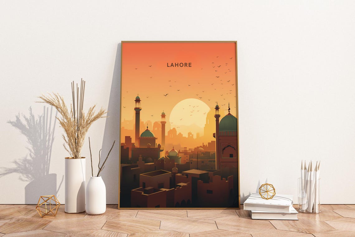 Lahore Pakistan Sunset Mosque Skyline Vintage Travel Style Poster