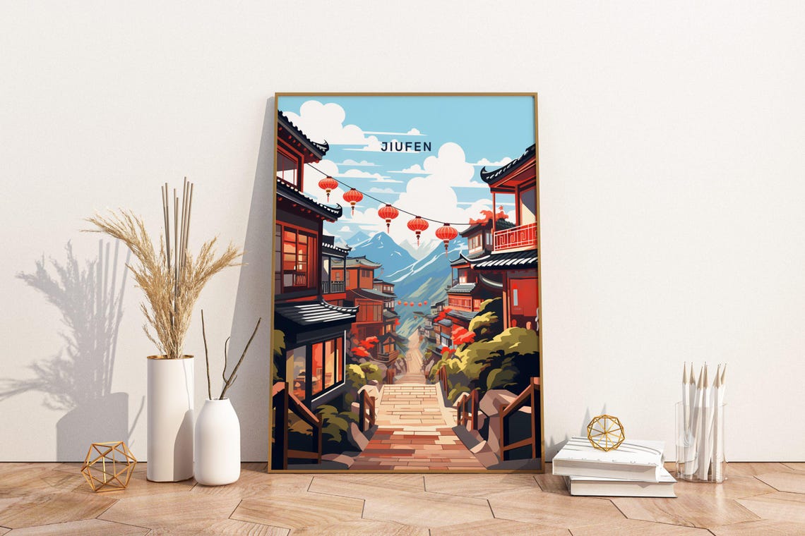 Jiufen Taiwan Travel Poster Red Lantern Old Street Mountain Teahouses