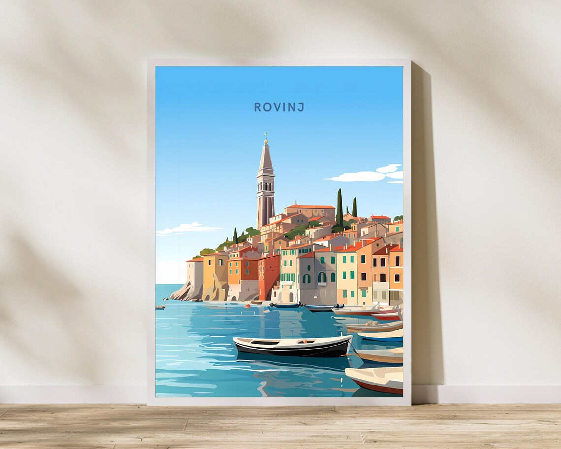 Rovinj Croatia Harbor Old Town Bell Tower Seaside Travel Poster