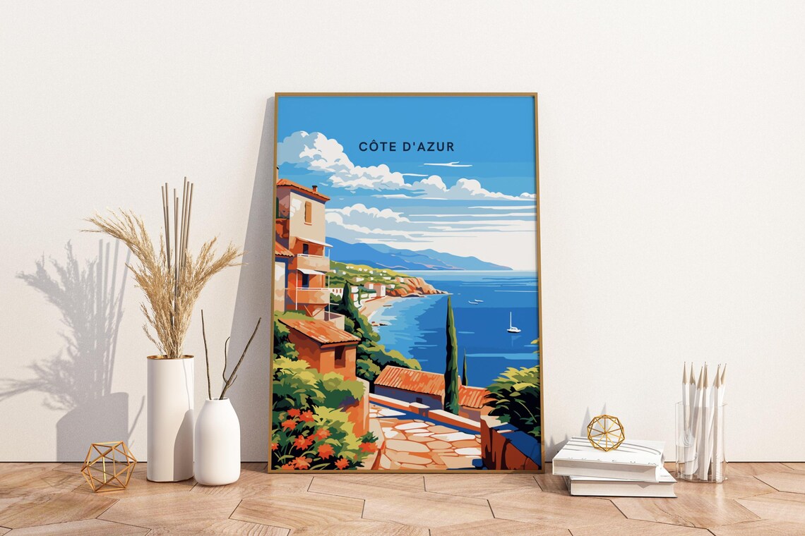 Cote d'Azur France Riviera Coastal Village Summer Travel Poster