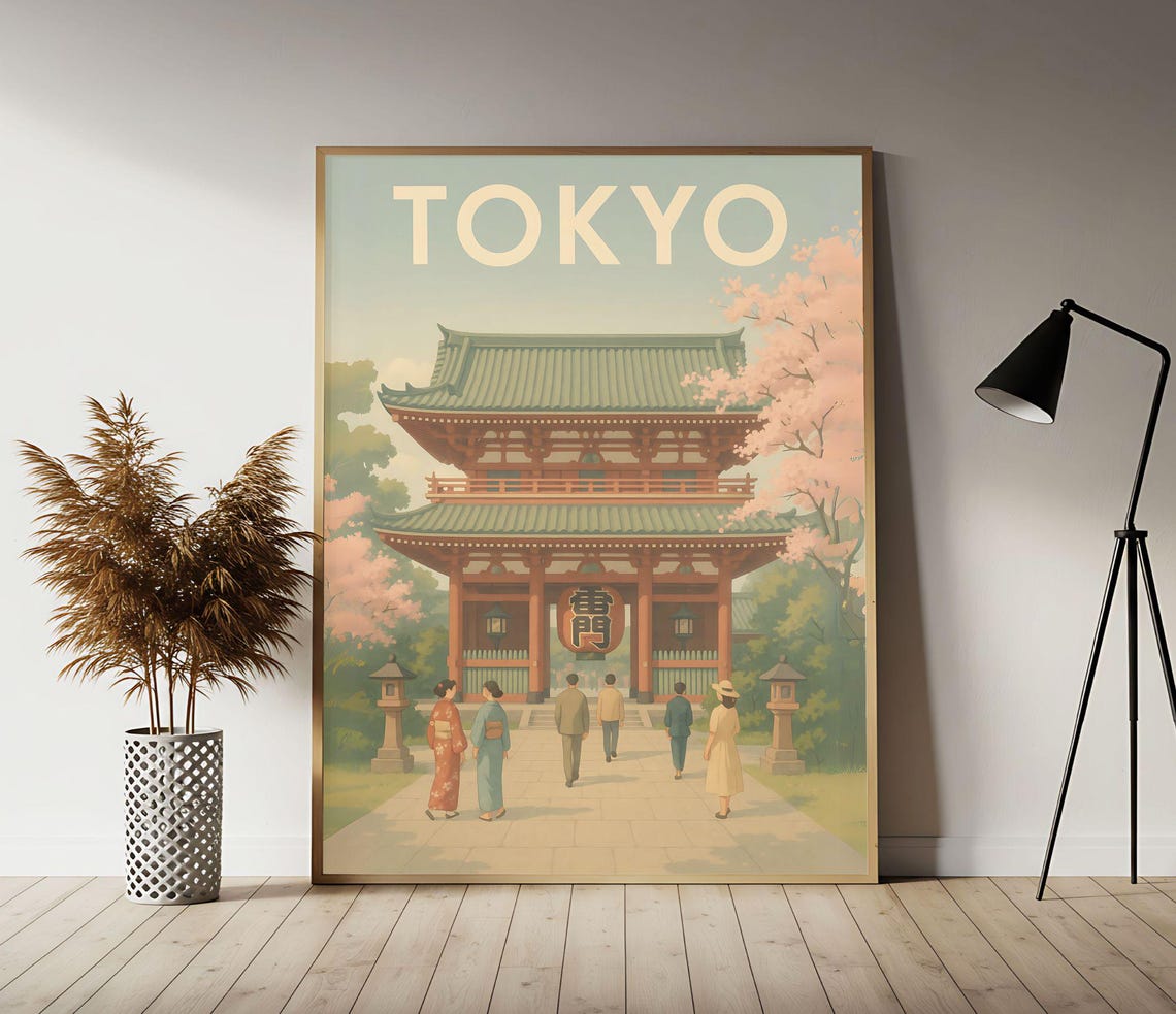 Tokyo Sensoji Temple Cherry Blossom Spring Vintage Travel Poster