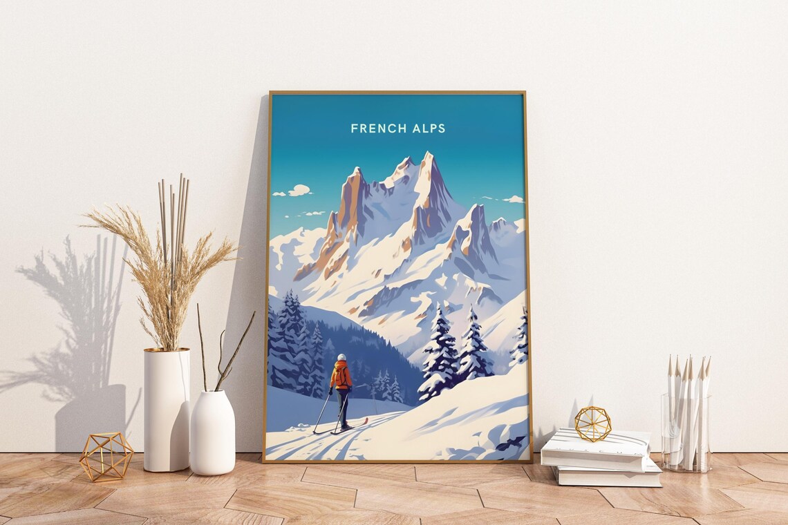 French Alps Skier Snowy Peaks Vintage Ski Resort Travel Poster