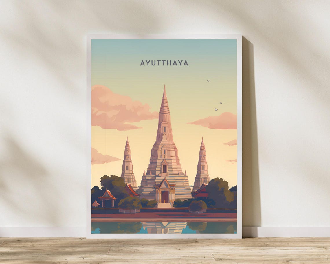 Ayutthaya Thailand Ancient Temple Sunset Illustration Poster