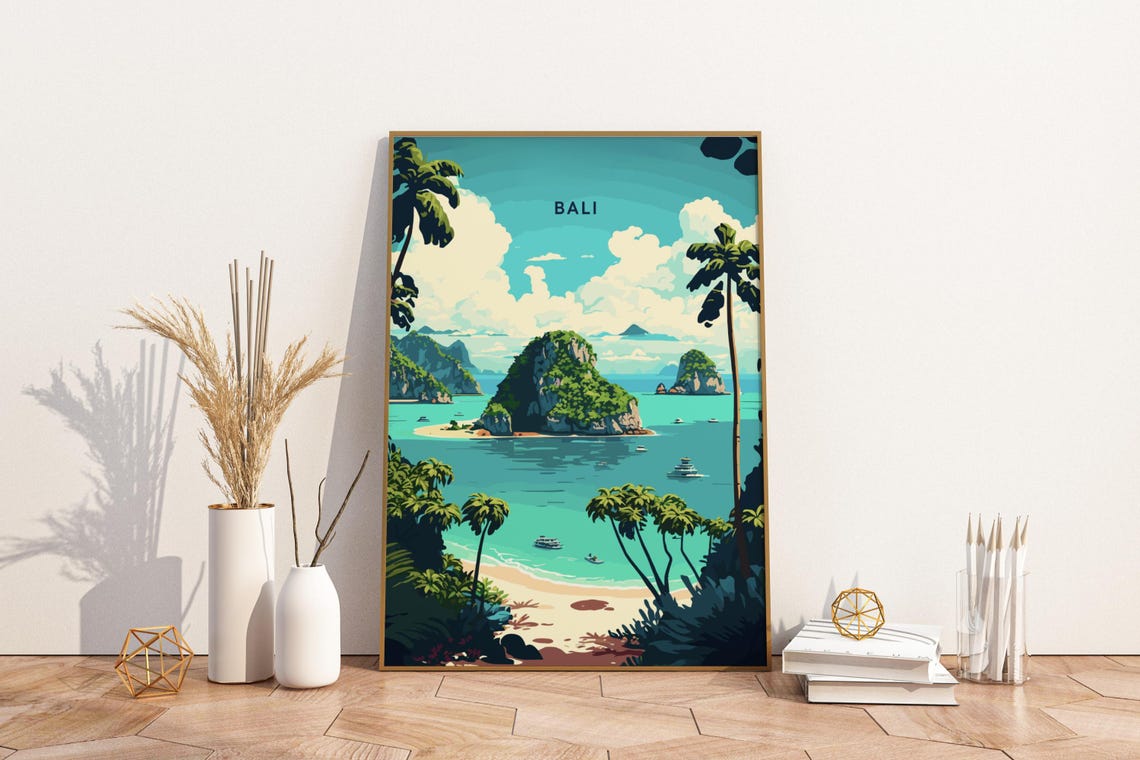 Bali Islands Tropical Beach Palm Trees Turquoise Ocean Travel Poster