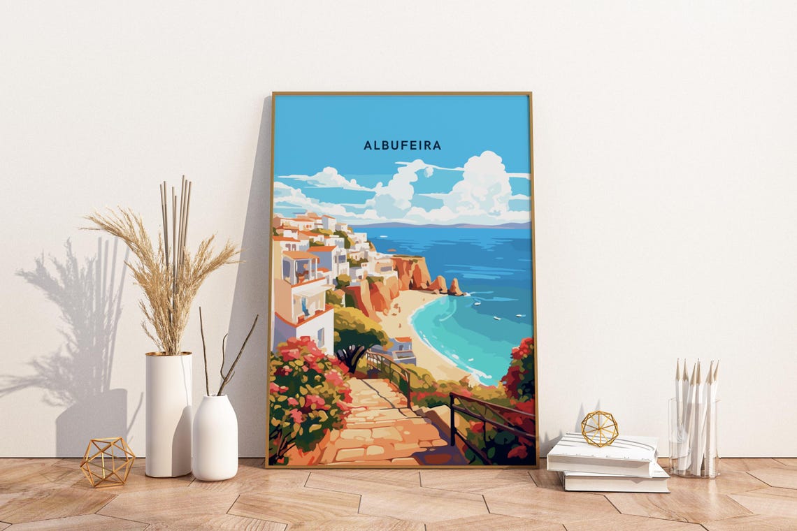 Albufeira Portugal Coastal Cliffs Beach Vintage Travel Poster
