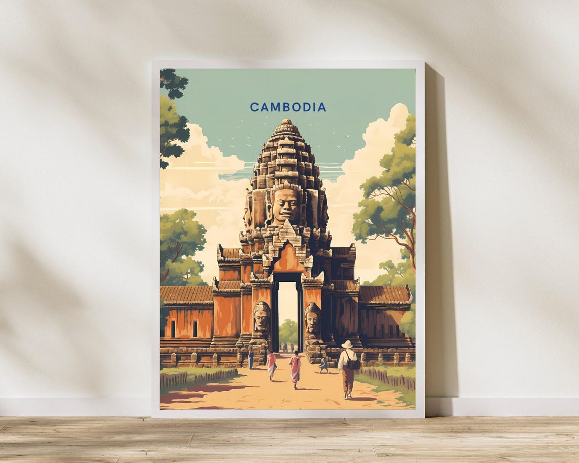 Cambodia Angkor Temple Stone Face Gate Vintage Travel Poster