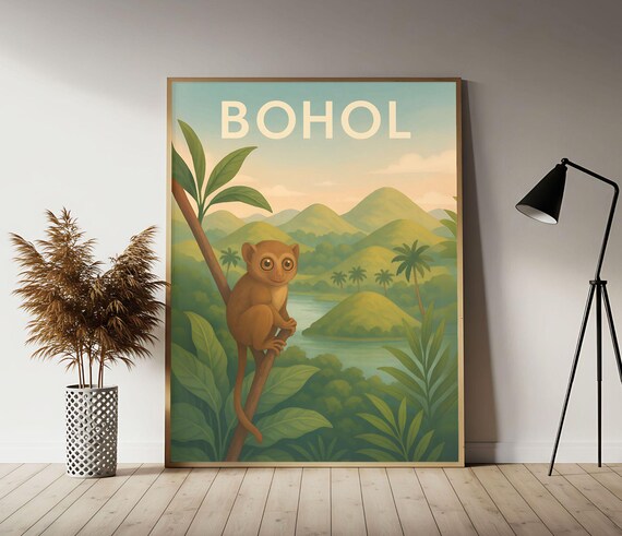 Bohol Philippines Tarsier and Chocolate Hills Vintage Travel Poster