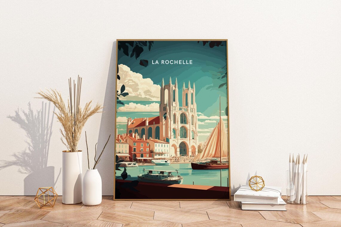 La Rochelle France Harbor Cathedral Sailboat Vintage Travel Poster
