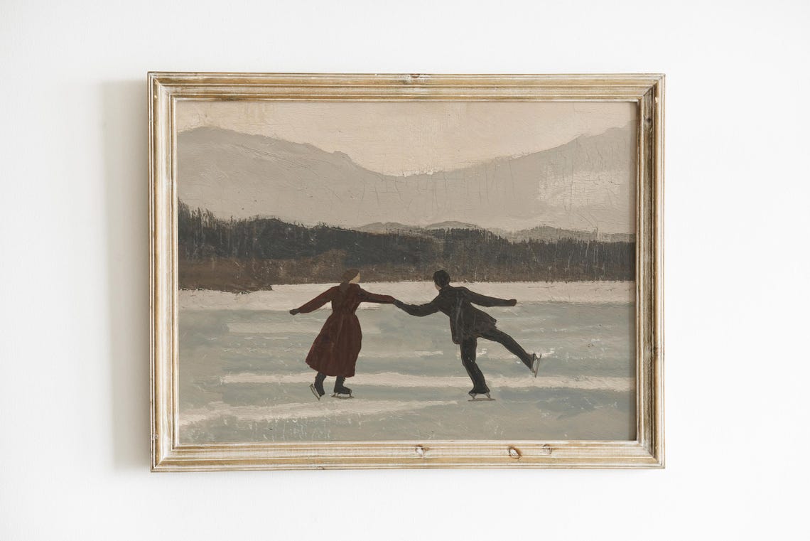 Ice Skating Couple Frozen Lake Vintage Romantic Winter Poster - Image 2