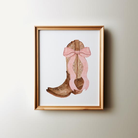Bow Cowgirl Boots Print Nursery Pink Bow Art Preppy Western Dorm Room Poster Teen Bedroom Wall Art