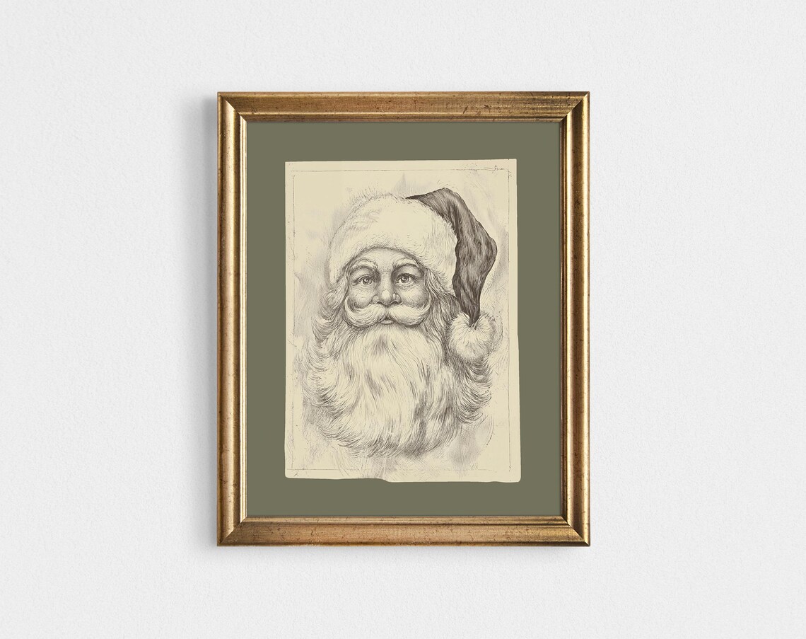 Vintage Santa Claus Sketch Portrait Olive Green Christmas Poster - Image 4