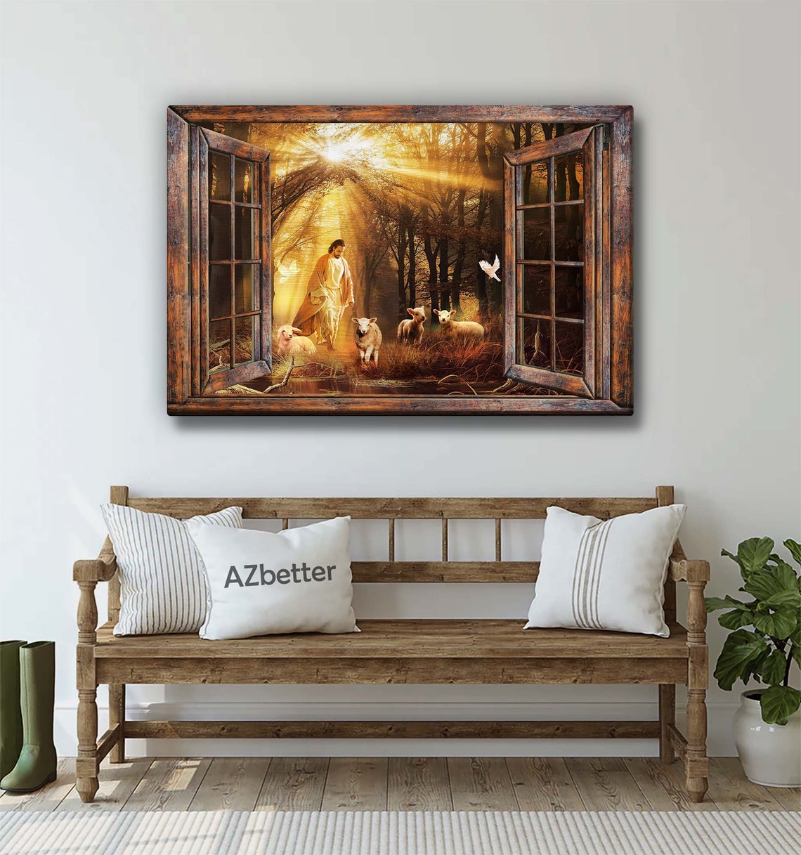 Jesus Walking With Lambs In Sunlit Forest Window View Art Poster - Image 5