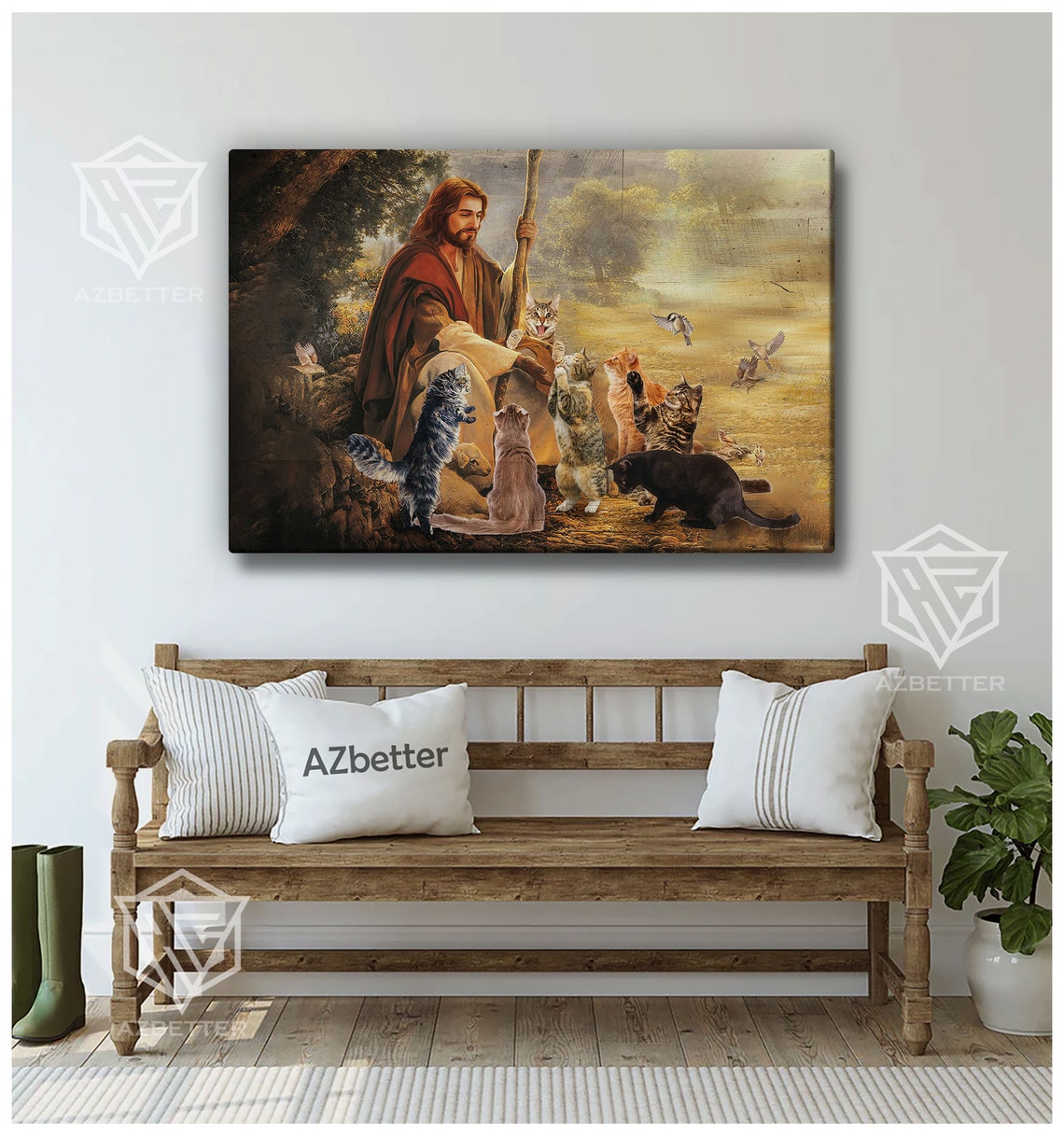 Jesus With Shepherd Staff Surrounded By Many Cats Christian Poster - Image 4