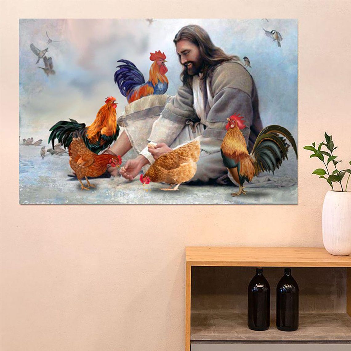 Jesus With Chickens Watercolor Pastoral Farm Animal Scene Poster - Image 2