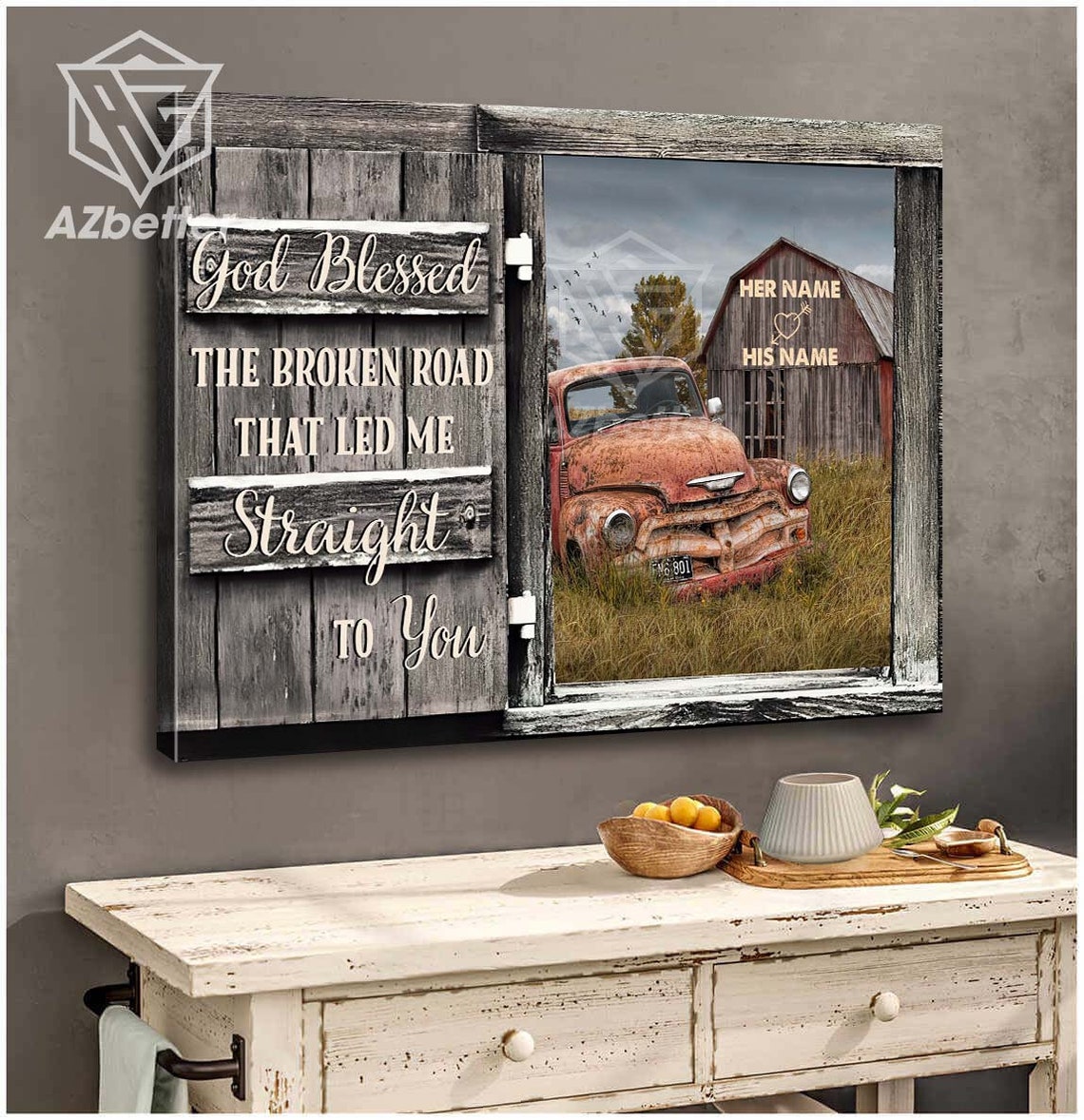 Custom Couple Rusty Truck and Barn God Blessed Broken Road Poster - Image 4