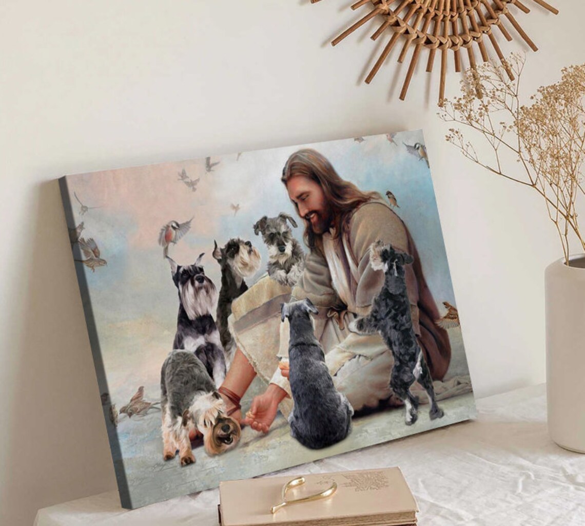 Jesus Surrounded by Miniature Schnauzers Playful Puppies Faith Poster