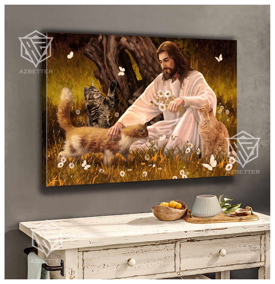 Jesus Petting Three Cats In Wildflower Field With Butterflies Poster - Image 4