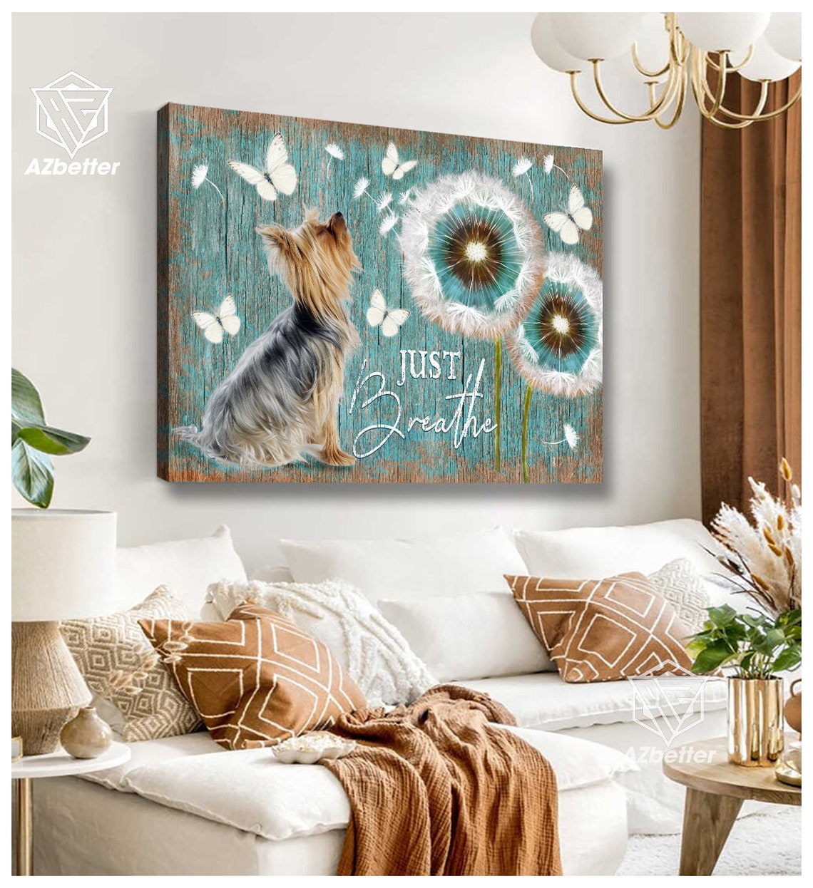Yorkshire Terrier Just Breathe Dandelion Butterfly Teal Wood Poster - Image 5