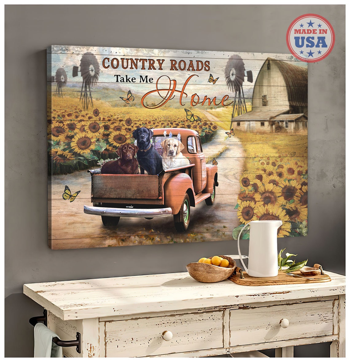 Three Labradors in Red Truck Sunflower Field Country Roads Poster - Image 4