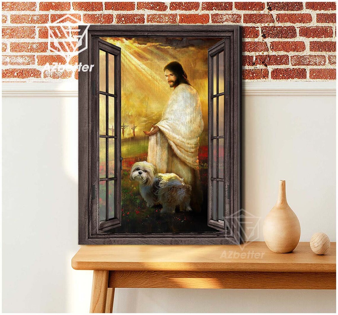 Jesus Walking with Shih Tzu Dog at Golden Sunset Open Window Poster