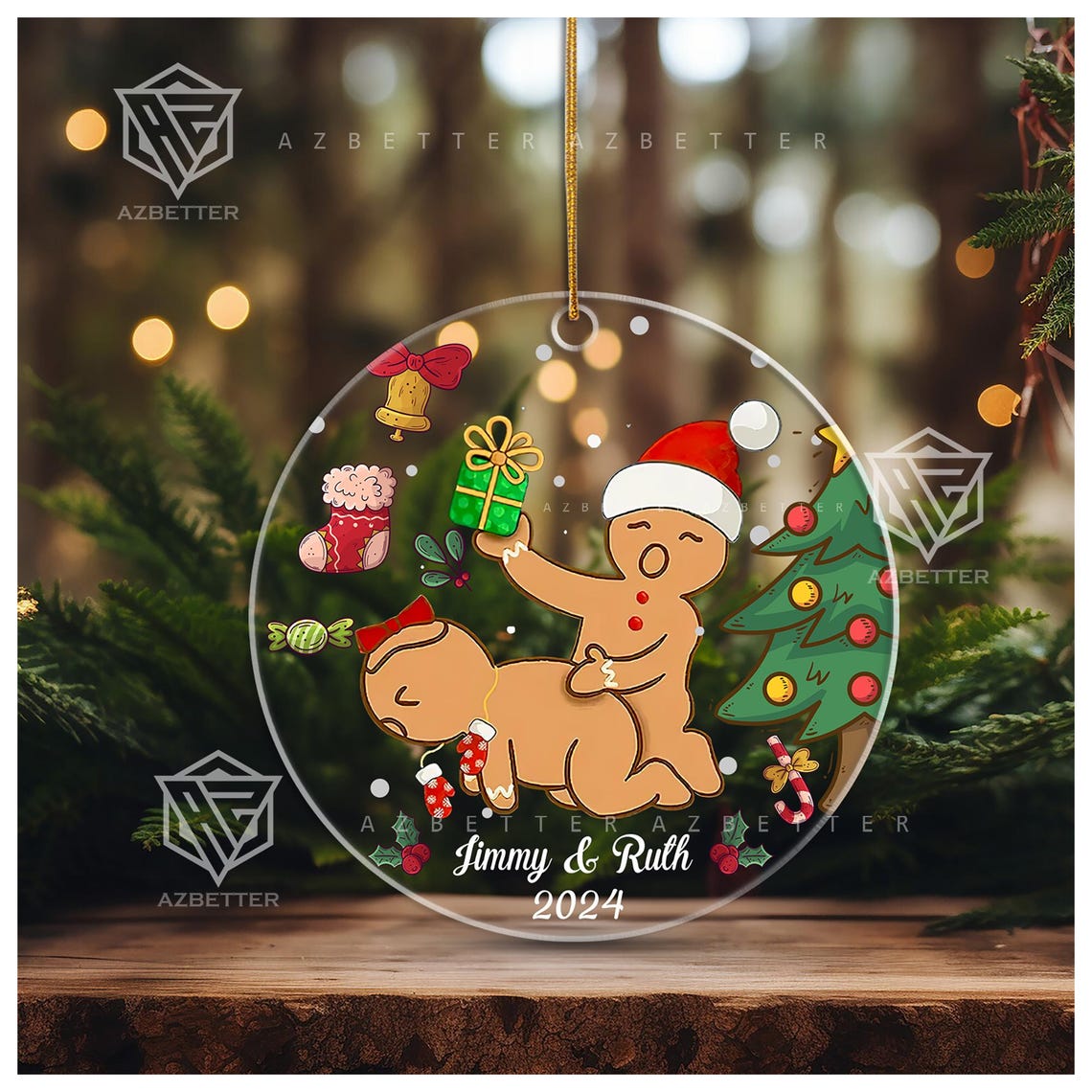 Naughty Gingerbread Couple Personalized 2024 Christmas Ornament Poster