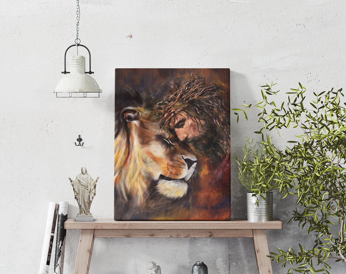Jesus and Lion Embrace Crown of Thorns Christian Love Faith Art Poster - Image 4