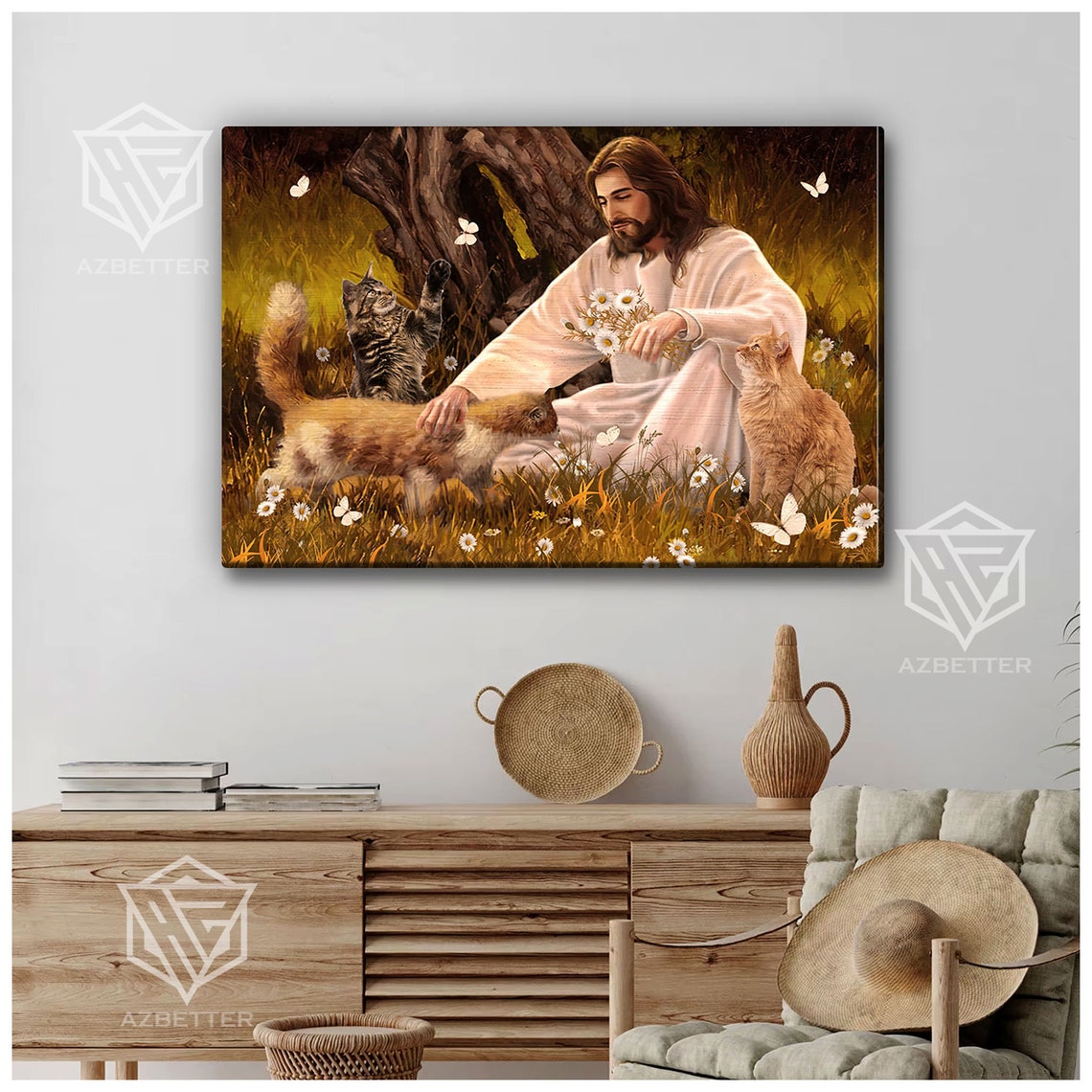 Jesus Petting Three Cats In Wildflower Field With Butterflies Poster - Image 2