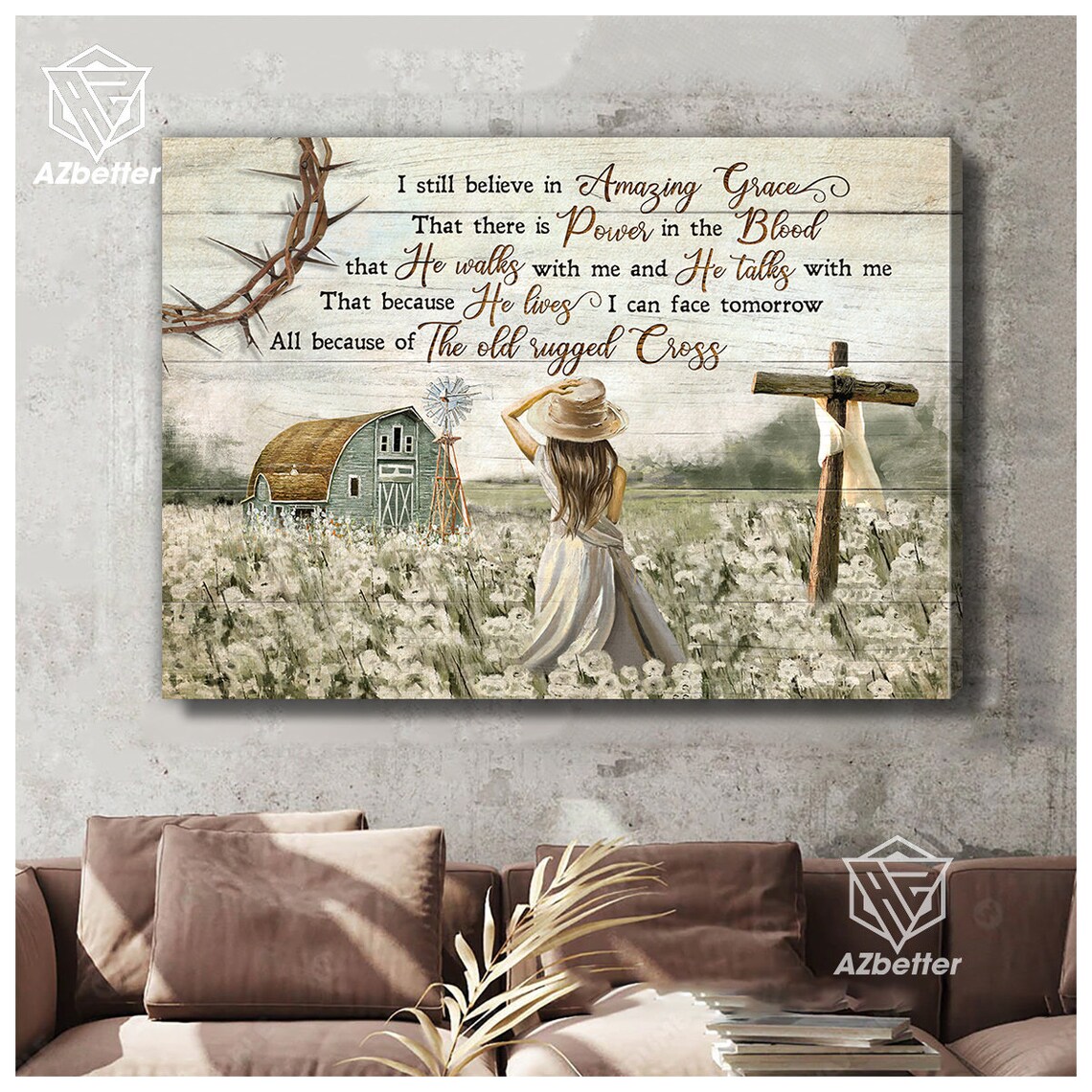 I Still Believe in Amazing Grace Woman Daisy Field Barn Cross Poster - Image 5