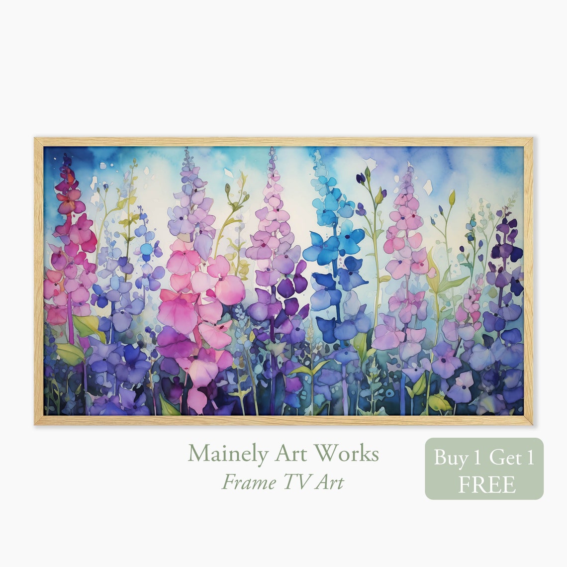 Pink Blue Larkspur Delphinium Spike Bright Floral Watercolor Poster