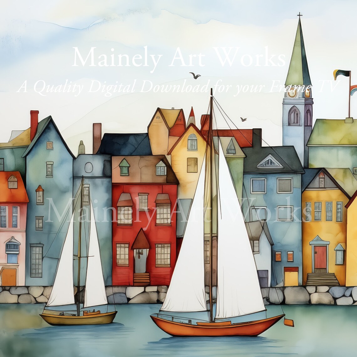 Coastal Village Summer Art Print, Nautical Decor - Image 3